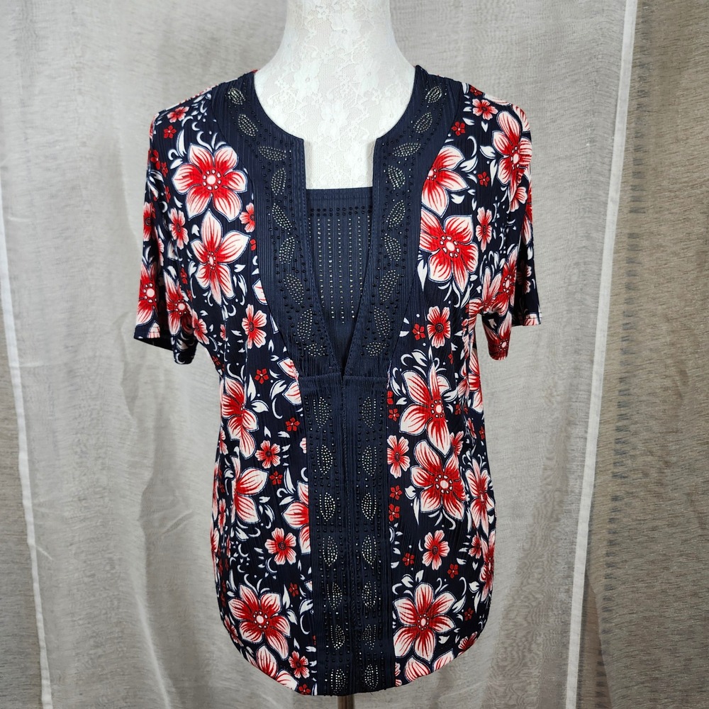 Yuna Navy Red‎ Floral Boho Blouse Top Short Sleeve Embroidered Accent Women S/M